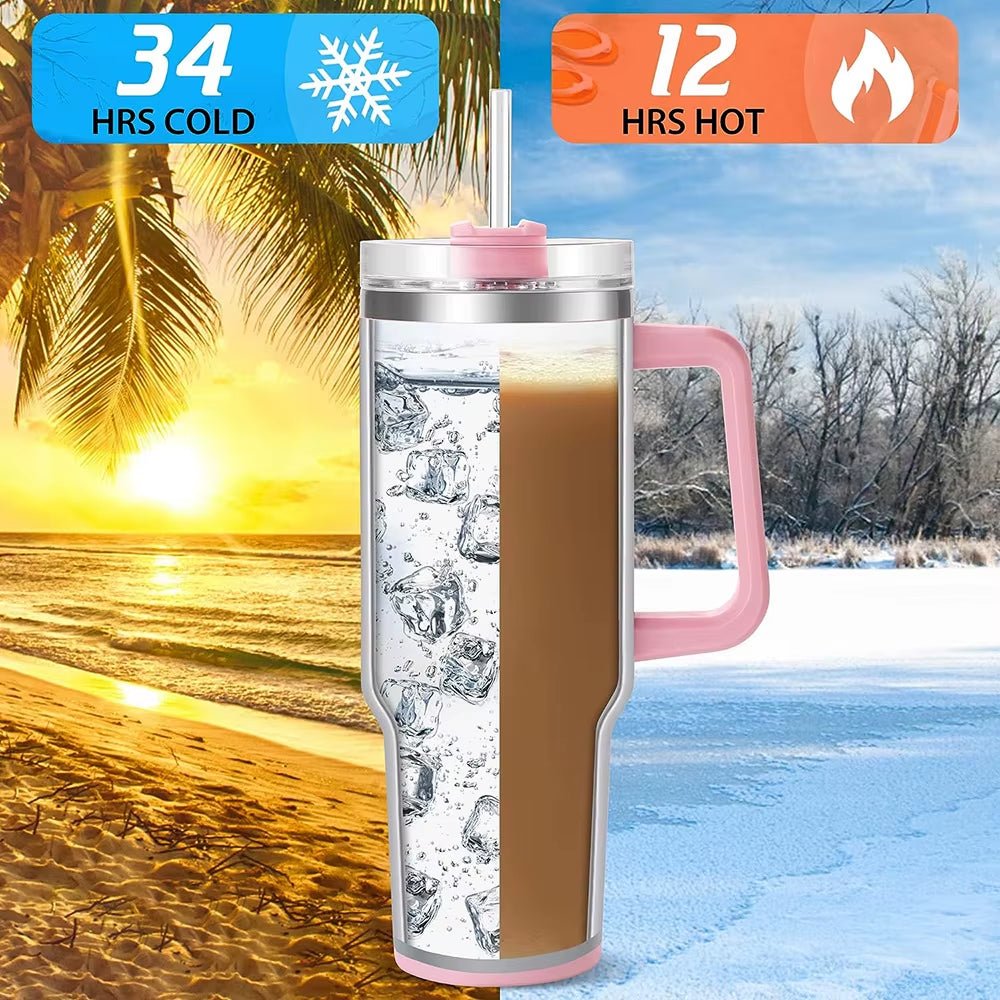 40Oz Tumbler with Handle and Straw, Pink Insulated Travel Mug Iced Coffee Cup, Reusable Stainless Steel Insulated Water Bottle