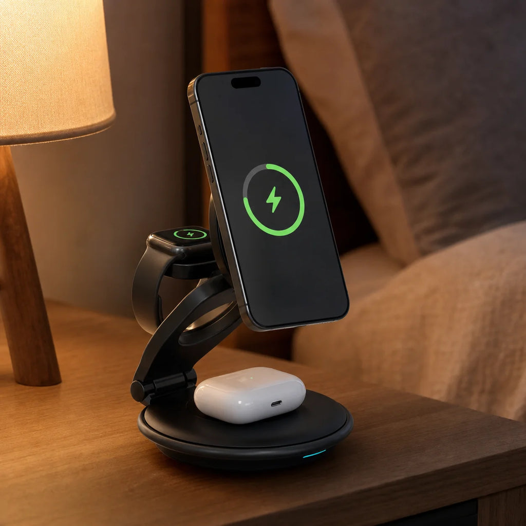 Foldable 3-In-1 Magnetic Wireless Charger Portable Fast Charging Dock Multi Device Charging Station for Mobile Phones, Smartwatch & Wireless Earphones