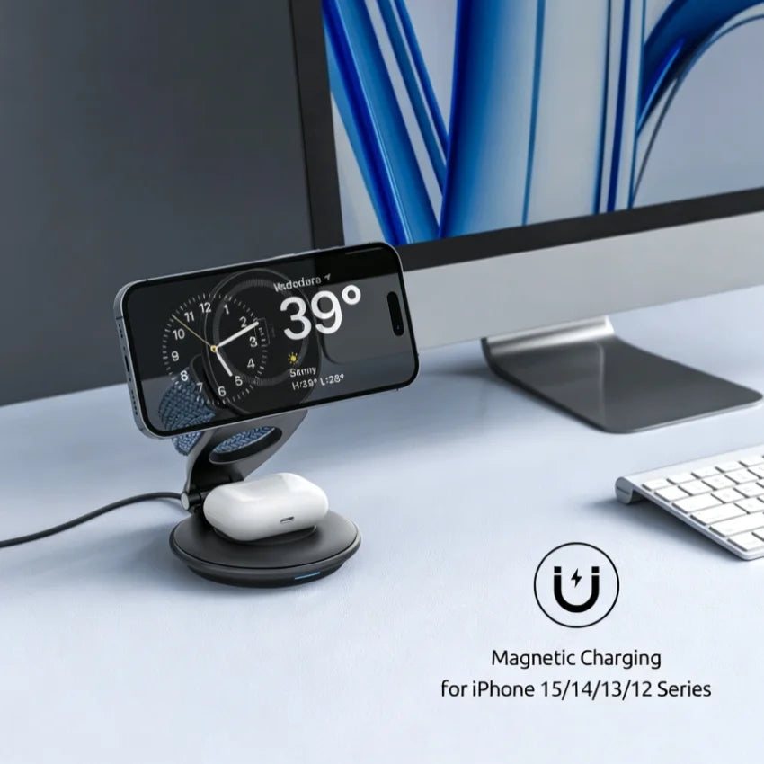 Foldable 3-In-1 Magnetic Wireless Charger Portable Fast Charging Dock Multi Device Charging Station for Mobile Phones, Smartwatch & Wireless Earphones