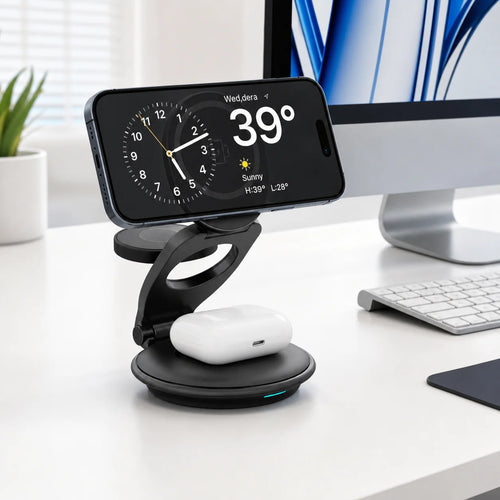 Foldable 3-In-1 Magnetic Wireless Charger Portable Fast Charging Dock Multi Device Charging Station for Mobile Phones, Smartwatch & Wireless Earphones