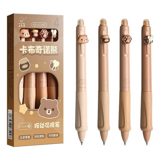 4Pcs Cute Bear Erasable Pens, Retractable Erasable Pens, 0.5Mm Black/Blue Ink Erasable Pens, Quick Drying Ink（Coffee&Purple）