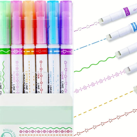 6Pcs/Set Highlighter Pen Line Shaped Color Roller Tip Curve Liner Art Contour Marker Highlighter Journal School Stationery Suppl