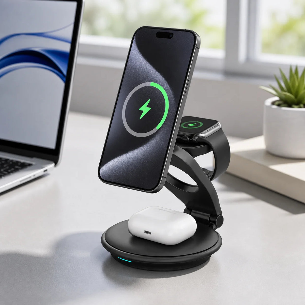 Foldable 3-In-1 Magnetic Wireless Charger Portable Fast Charging Dock Multi Device Charging Station for Mobile Phones, Smartwatch & Wireless Earphones