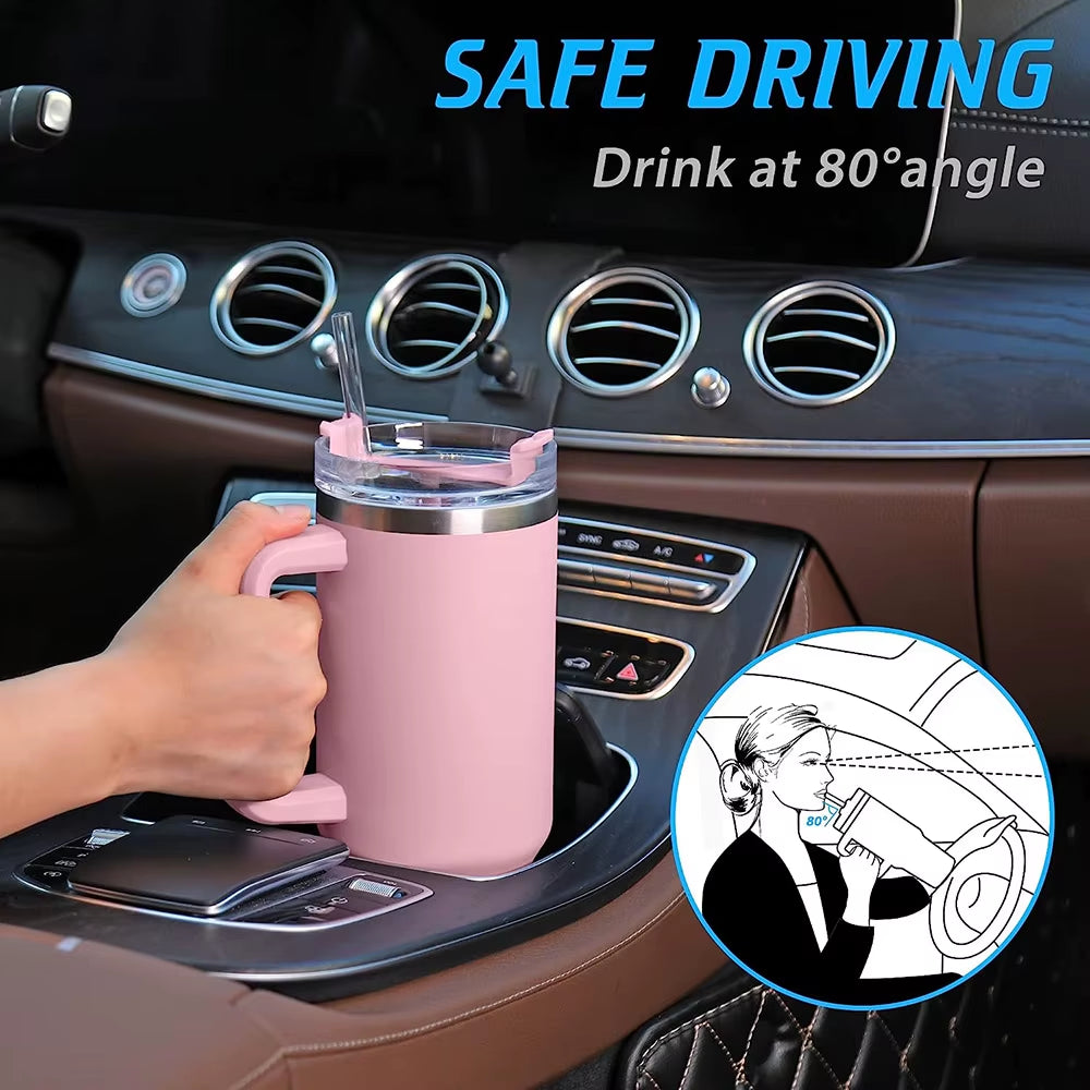 40Oz Tumbler with Handle and Straw, Pink Insulated Travel Mug Iced Coffee Cup, Reusable Stainless Steel Insulated Water Bottle