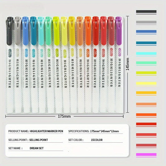 15-Color Pastel Highlighter Set, Double-Ended Highlighters with Broad & Fine Tips, Assorted Warm Colors, for School Office Suppl