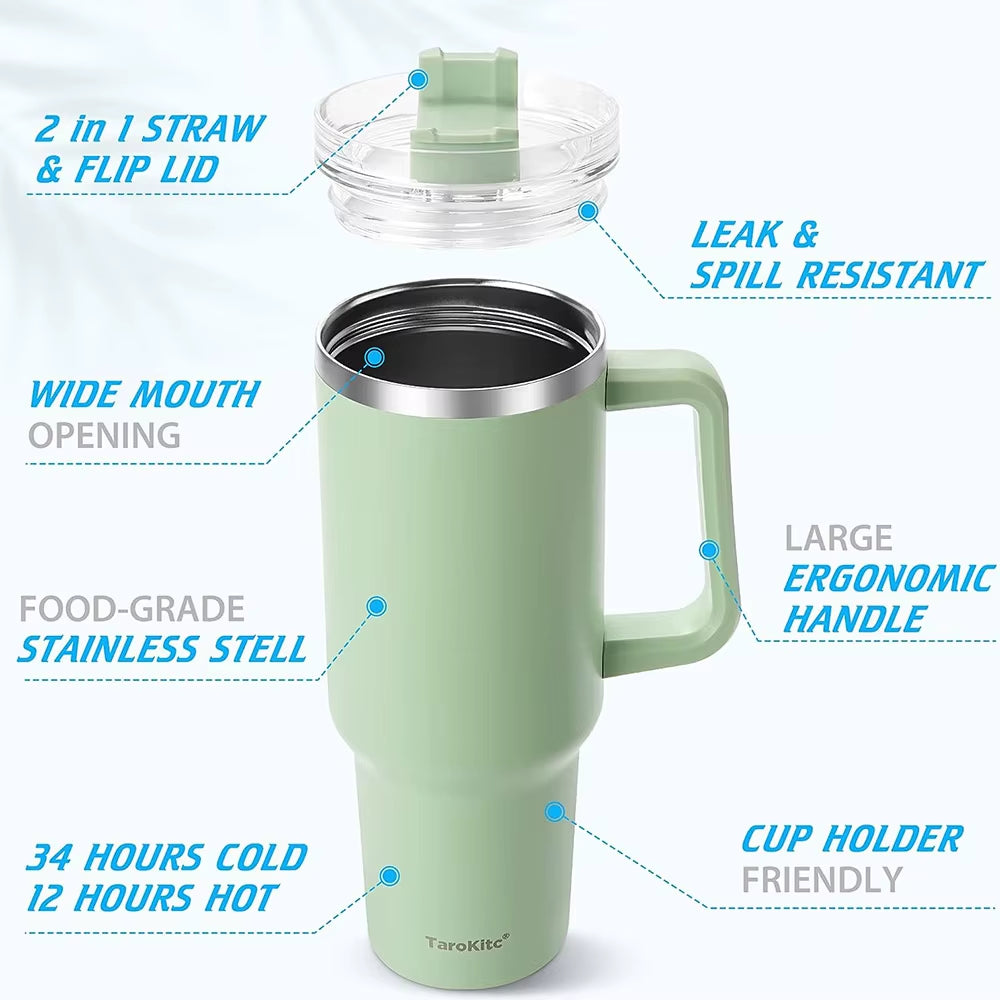 40Oz Tumbler with Handle and Straw, Pink Insulated Travel Mug Iced Coffee Cup, Reusable Stainless Steel Insulated Water Bottle